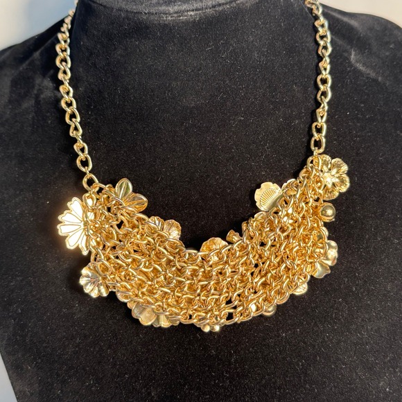 Talbots Floral statement necklace gold tone chain and mesh back, layered flowers - Picture 4 of 7